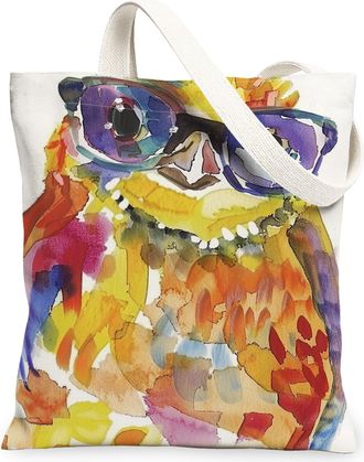 Generic Artistic Owl Canvas Tote Bags, Colorful Bird Pattern Reusable Grocery Bags, Funky Lightweight Washable Shoulder Strap, Multicolor, 13x15 Inch