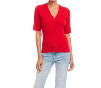 Karen Kane Suzette Short Sleeve Ribbed Cardigan Sweater In Red