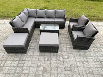 Fimous 10 Seater Rattan Lounge Corner Sofa Set Wicker PE Outdoor Garden Furniture Set with Coffee Table 2 Big Footstool 2 Armchair in Dark Grey