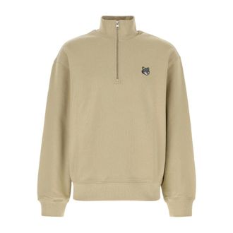 Maison Kitsun&eacute; Hoodies & sweatvesten, Heren, Beige, M, Katoen, Fox Head Comfort Half Zip Sweatshirt