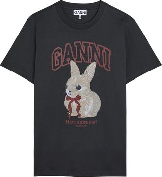 Ganni Printed Cotton T-shirt - Black - XL (UK16 / XL)