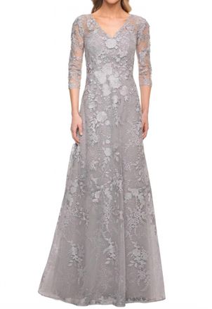 La Femme Sheer Lace Embroidered V-Neck Gown In Silver