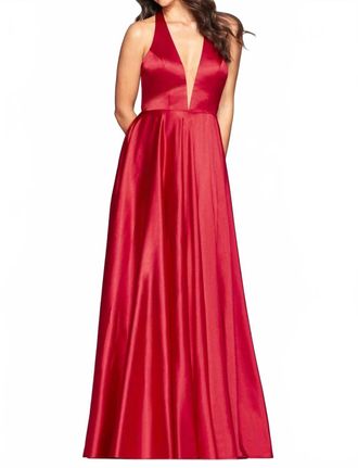 Faviana Satin A-Line Halter Dress In Red