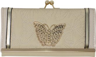 Generic Ladies Butterfly Stitches Card Slots Purse Metal Plate Foldout Womens Wallet Handbag (Beige)