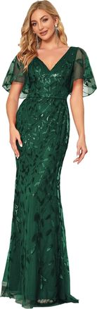 Ever-pretty Womens Elegant Mermaid Ruffle Sleeve V Neck Shiny Maxi Wedding Guest Dresses Dark Green 12UK