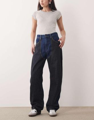 Wrangler Jeans bombati con toppe lavaggio nero e blu medio