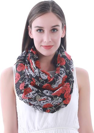 Lina & Lily Skull Rose Print Lightweight Snood Scarf (Black)