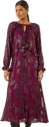 Roman Womens Floral Brocade Frill Midi Dress - Wine - Size 14 UK