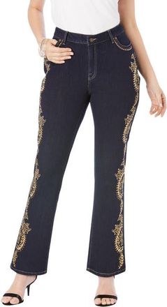 Roaman's Plus Size Embroidered Bootcut Jean in Gold Leaf Embellishment at Nordstrom, Size 40