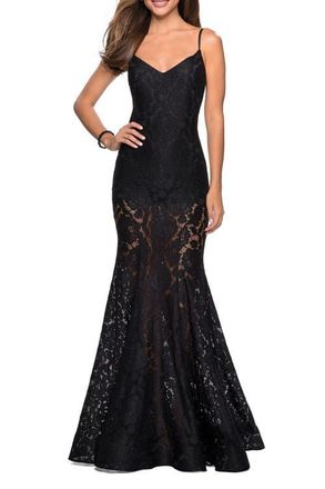 La Femme Long Form Fitting Lace Prom Dress with Attached Shorts in Black at Nordstrom, Size 0