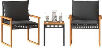 vidaXL Mesita Y Sillas Con Cojines 3 Pzas Rat&aacute;n Pe Madera Acacia Negro Vidaxl
