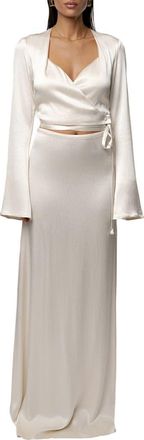 JLUXLABEL Golden Eve Satin Long Sleeve Top & Maxi Skirt Set in Ivory at Nordstrom, Size Medium