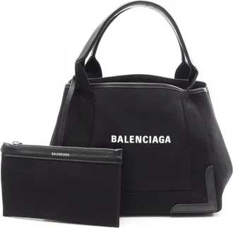 Balenciaga Black Navy Leather Canvas Handbag Tote Bag (Pre-Owned)