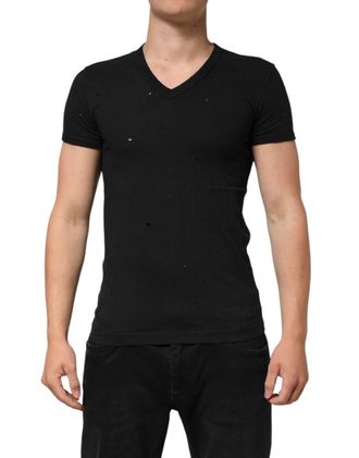 Dolce & Gabbana Black Cotton Tattered Logo V-Neck Men Mens T-shirt