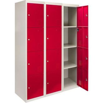 MonsterShop Monstershop - 3 Taquillas Met&aacute;licas Para Montar Con 4 Puertas Rojas 45x114x180cm Con Estantes Llaves Imanes Portatarjetas Nombre Casilleros Metalicos 