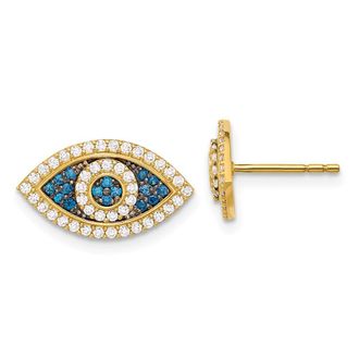Diamond2Deal 10K Yellow Gold Blue & White CZ Evil Eye Stud Earrings