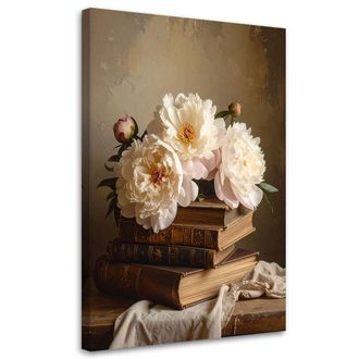 Feeby Cuadro En Lienzo, Flores De Peon&iacute;a, Libros Vintage, 80x120
