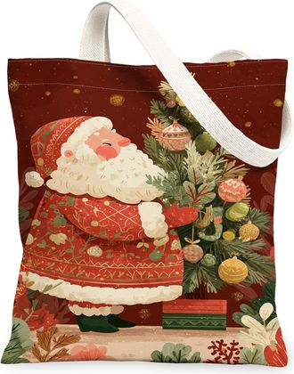 Generic Christmas Vintage Festive Canvas Tote Bags, Holiday Tree Design Reusable Grocery Bags, Lightweight Washable Canvas for Shopping Travel 13x15 Inch