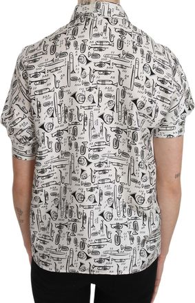 Dolce & Gabbana Womens Trumpet Print Button Front Silk Top Blouse White