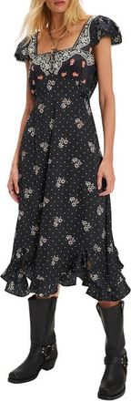 Free People Haven Embroidered Lace Trim Satin Midi Dress in Black Combo at Nordstrom, Size X-Large