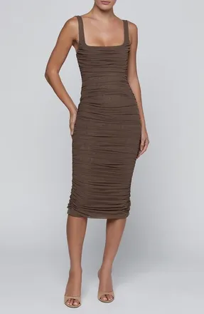 L'agence Anya Shirred Midi Dress in Dark Cardamom at Nordstrom, Size Xx-Large