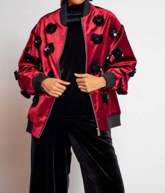 Eva Franco Velvet Floral Embroidered Bomber Jacket In Burgundy