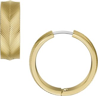 Fossil Womens Harlow Linear Texture Gold-Tone Stainless Steel Hoop Earrings