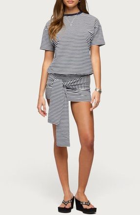 Edikted Ardeney Stripe Tie Waist T-Shirt Minidress in Navy at Nordstrom, Size X-Large