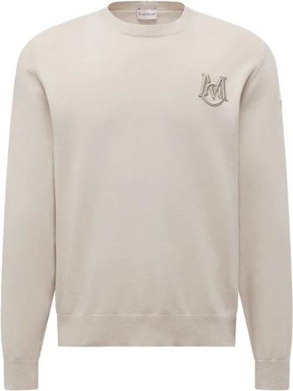 Moncler Round-neck Knitwear, male, Beige, XL, Monogram Logo Beige Jumper
