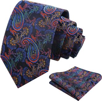Alizeal Mens Paisley Tie and Hanky Set Party Business Wedding Necktie with Pocket Sqaure Set, Royal Blue+Red+Green