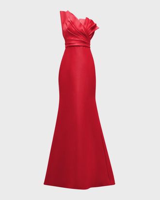 Badgley Mischka Strapless Pleated Trumpet Gown