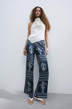 H&M Printed tie-detail pants in Dark Blue/flowers at Nordstrom, Size 10