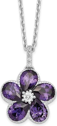 Diamond2Deal Sterling Silver Purple and White Cubic Zirconia Flower Necklace 16 with 2 Inch Ext