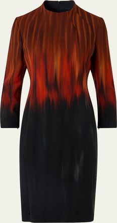 Akris Fuego-Print Long-Sleeve Wool Double-Face Slit Dress