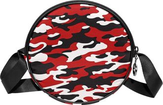 Generic Circle Crossbody Bag for Women, Red Camouflage Small Sling Bag Daypack with Zipper Adjustable Shoulder Straps Casual Ladies Girls Round Purse