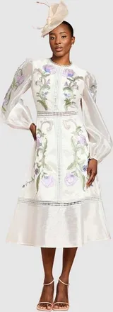 Coast Embroidered Blouson Sleeve Midi Dress in Light Blue at Nordstrom, Size 14