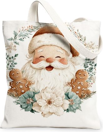 Generic Santa Claus Canvas Tote Bags, Cute Holiday Design Reusable Grocery Bags, Festive Floral Lightweight Washable Shoulder Strap Canvas for Shopping Travel
