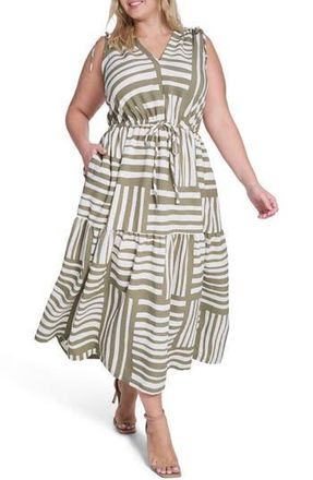 Calvin Klein Geometric Tie Waist Midi Dress in Light Olive/Cream at Nordstrom Rack, Size 18W
