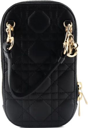 Dior Lady Dior Phone Holder on Chain Cannage Quilt Lambskin crossbody bag - Zwart