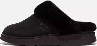 FitFlop Womens Gen-Ff Shearling-Collar Suede Slippers In All Black
