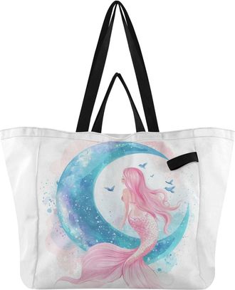 Generic Pink Mermaid Moon pattern Reusable Canvas Tote Bag, Heavy Duty Grocery Shopping Bag with Double Handles Hard Bottom Large Capacity Work Groceries Trav