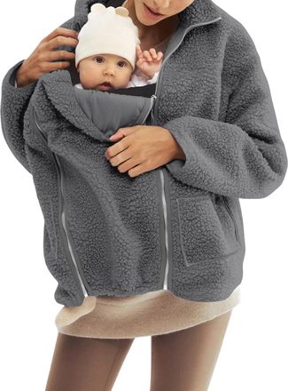 Generic Womens 2 in 1 Maternity Coat Fleece Jackets with Baby Wearing, Winter Zip Up Themal Outwear Thicken Overcoat Dark Gray