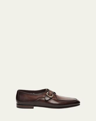 Santoni Mens Carlo Burnished Leather Single-Monk Strap Loafers
