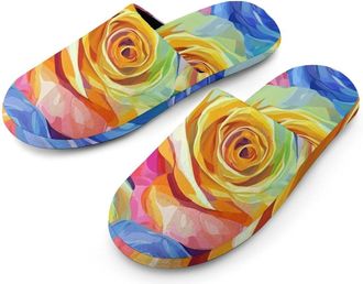 Generic Roses Rainbow Watercolor Flannel Mens Slip-on Slippers Winter Warm House Shoes with Rubber Sole for Home Hotel