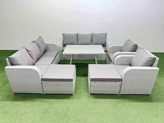 Fimous Rattan High Back Lounge Sofa Set with Reclining Chairs 2 Big Stool in Light Grey