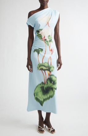 Oscar De La Renta Chin&eacute; Cyclamen One-Shoulder Dress in White/Light Blue at Nordstrom, Size 14