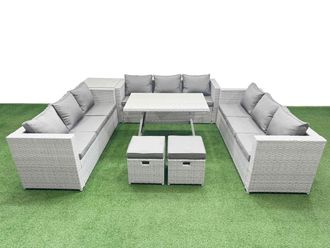 Fimous 11 Seat Patio PE Rattan Garden Furniture with Side Table Small Stools in Light Grey