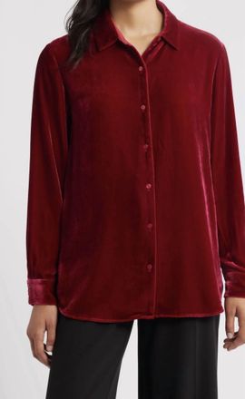 Eileen Fisher Velvet Classic Collar Long Shirt In Ruby
