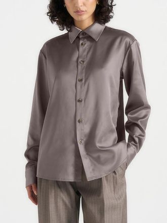 Mani&egrave;re De Voir Carter Unisex Oversized Satin Shirt in Taupe at Nordstrom, Size Xx-Small