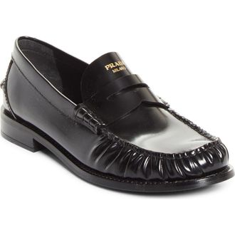 Prada Ruched Toe Penny Loafer in Nero at Nordstrom, Size 10.5Us